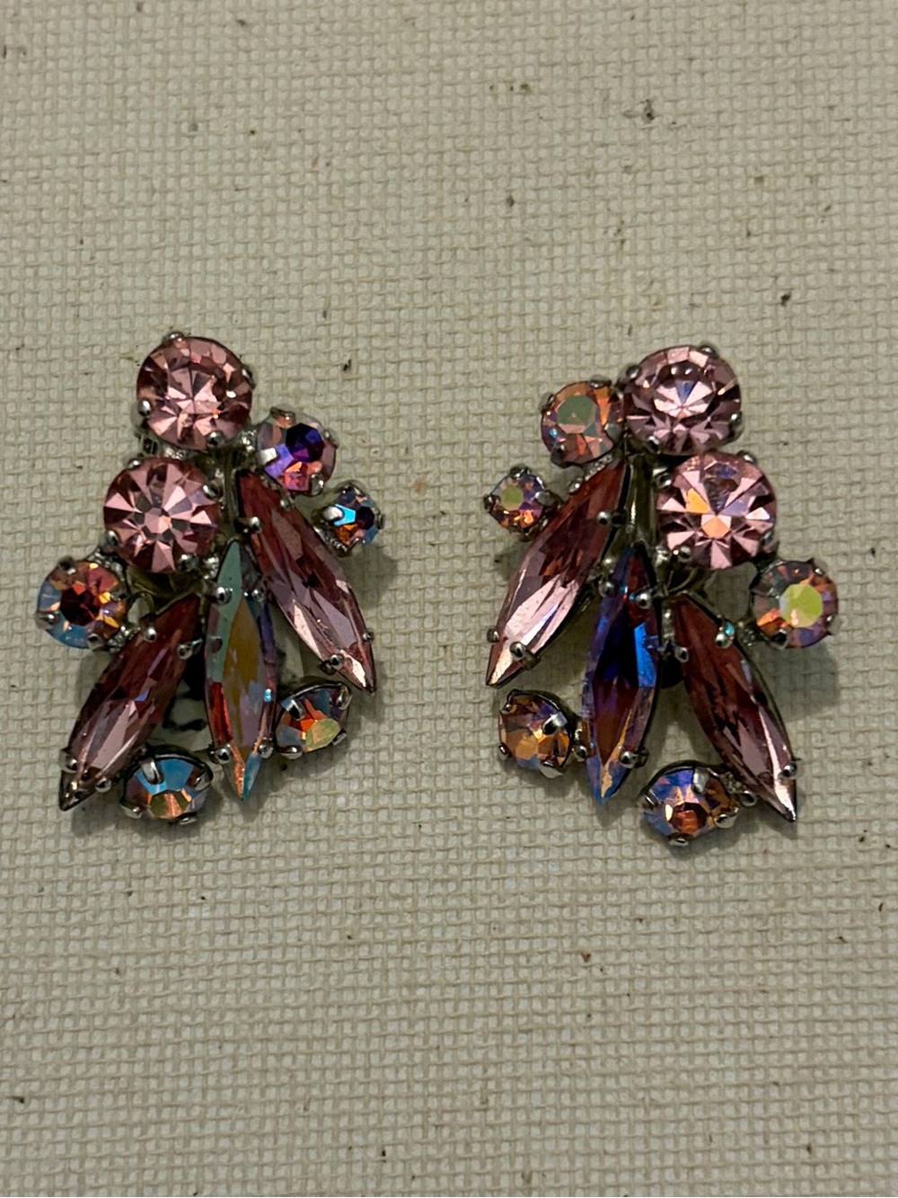 Signed Sherman Pink Crystal Cluster Clip Earrings